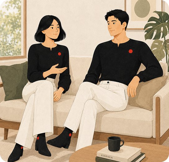 Illustration of two people talking on a couch